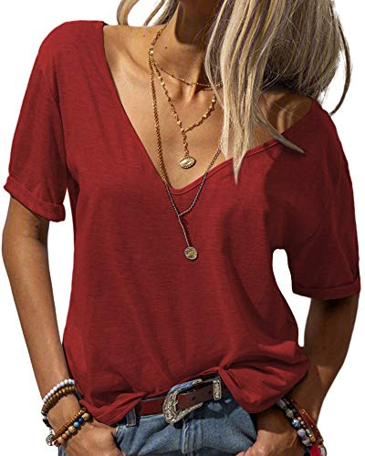 Tankaneo T-shirt d'été basique pour femme - Col en V profond - Manches courtes - Solide - Décontracté | Oversize, manches courtes, décontracté, été, basique, uni, sexy, haut