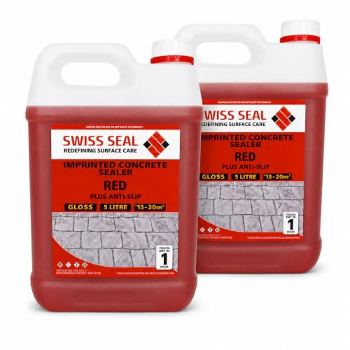 Swiss Seal | RED Coloured Imprinted Concrete Sealer GLOSS FINISH + ANTI-SLIP | Colour Tinted Driveway & Patio Sealant - Wet Look | Colour Tint Sealant For Outdoor Concrete Floor (2 x 5 Litre)