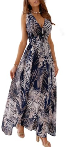 Joligiao Vestido Mujer Casual Vestidos Largos Verano Sexy Cuello en V Vestido Boho Floral Sin Mangas Vestido Playa Verano Vestido con Espalda Descubierta Vestido Bohemio Vestido de Fiesta(Azul,L)