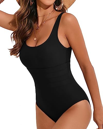 VECENEY Women Swimsuit One Piece Square Back Swimming Costume Scoop Neck Swimwear Black L