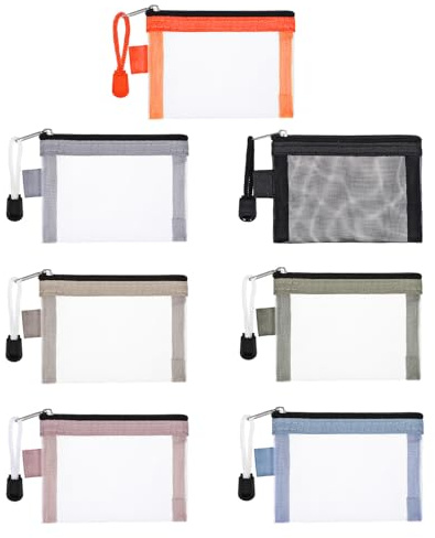 7-pack mini dragkedja nätväskor 10,9 cm x 8 cm nylon små nätväskor med dragkedja myntpåse resväska smink kosmetiska minipåsar blixtlåsväskor för läppstift, hörlurar, smycken, 7 färger