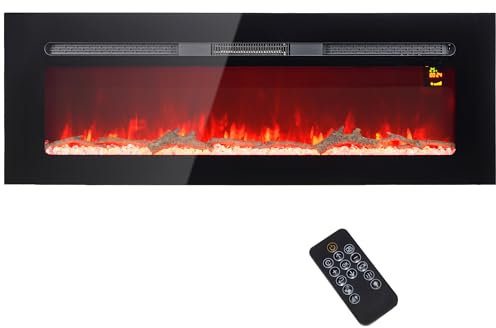 HOMCOM Cheminée électrique 1800 W Mural ou encastrable Fausse cheminée avec Effet Flamme en LED 3 Couleurs 5 luminosités, bûche et Cristal, minuterie, température 15-40℃, télécommande, 127L cm, Noir