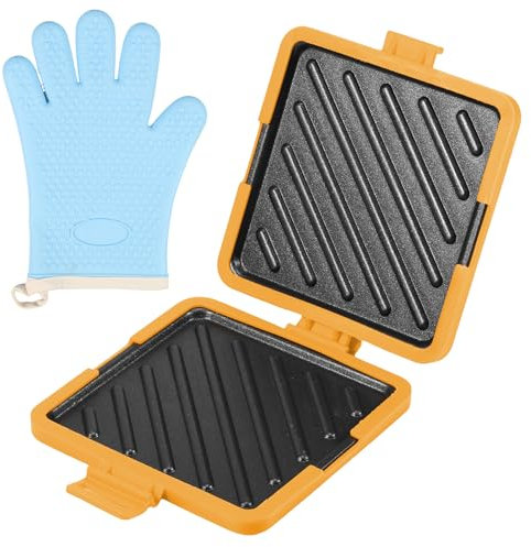 Microwave Toastie Sandwich Maker and Grill Silicone Microwaveable Cookware Non-stick Panini Press Rapid Heating Pizza Pockets No Electricity Mini Personal Sandwich Maker for Cooking (orange+gloves)