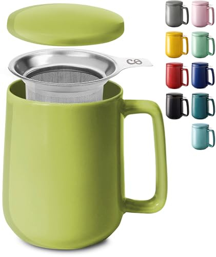 Tazza di Ceramica con Filtro e Coperchio - 500ml Grande - Con Manico - Lavabile in Lavastoviglie - Per Tè e Infusi - Verde Matcha