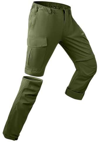 YAOBAOLE Pantaloni da trekking da uomo con zip off, rimovibili, traspiranti, ad asciugatura rapida, elasticizzati, funzionali con 5 tasche, verde militare, L