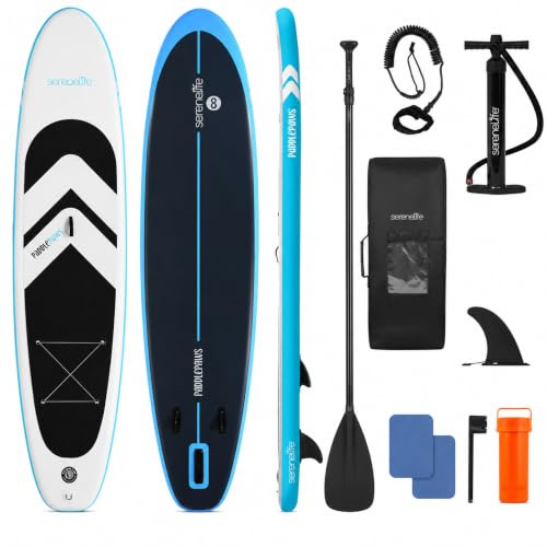 SereneLife Paddle Gonflable Adulte XL – Planche de Stand Up Paddle Stable Grande Largeur avec Tapis EVA Antidérapant, Pompe, Pagaie et Sac de Transport Inclus