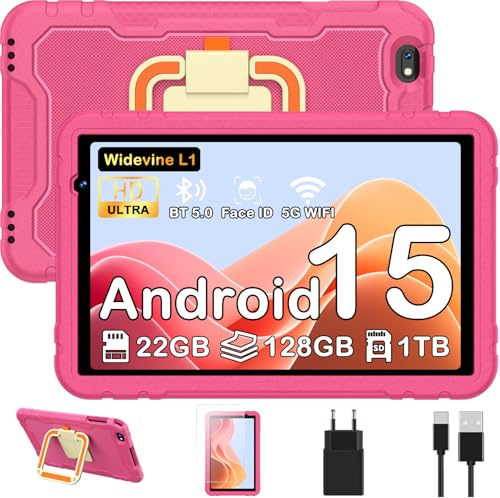 Android 15 10 pollici Tablet bambini con Gemini AI, 22GB RAM+128GB ROM, Controllo Parentale, 8000 mAh, Octa-Core, 5MP+8MP con 5G Wifi6, Custodia protettiva EVA antiurto + Staffa girevole a 360°(Rosso)