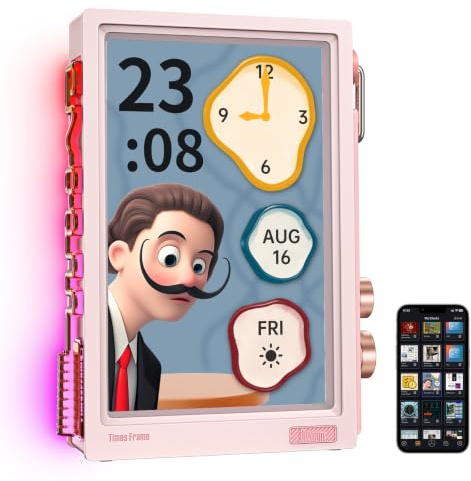 Divoom Times Frame – transparent digital bildram (10,1 tum) med WLAN och 64 GB, IPS-skärm med svävande effekt och RGB-vridknapp, 400+ urtavlor, widgets och pixelkonstcommunity (rosa)