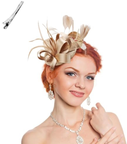 Ladies Fascinators and Hats for Wedding, Womens Mesh Flower Feather Fascinator Headband, Wedding Bride Hats, Tea Party Costume Headwear Accessories for Birthday Bachelor Anniversary Prom(Gold)