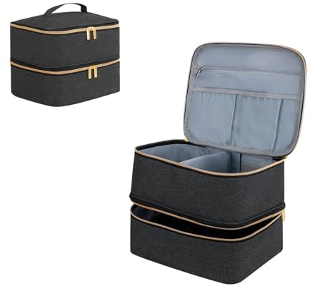 Nail Polish Organizer Bag Double Layer Make up Case Portable Travel Makeup Bags Cosmetic Storage Box Vanity for Nail Polish Bottles Nail Lamp Tools Accessories (for 30 Bottles, Black)
