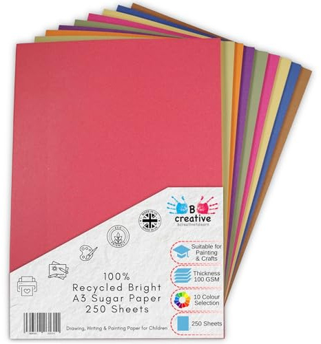 Papel de azúcar reciclado A3, colores brillantes, 250 hojas grandes en 10 colores surtidos, ideal para manualidades infantiles, dibujo, pintura y libros de recortes, tamaño hoja de 42 x 30 cm