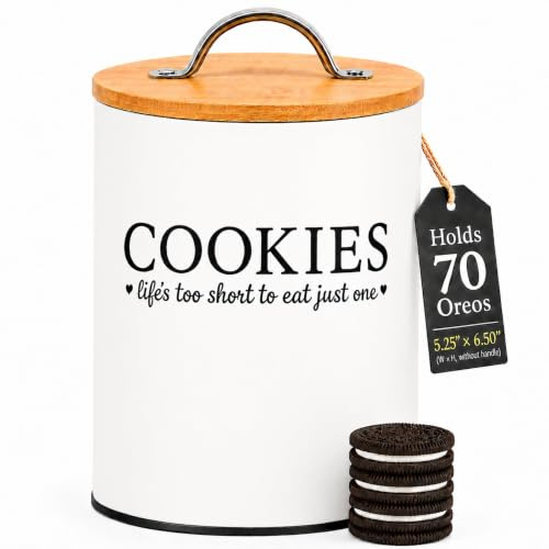 D'Lifeful Cookie Jar with Airtight Bamboo Lid – 0.6 Gallon Cute and Decorative Cookie Storage for Kitchen Countertop – Farmhouse Storage Tin for Freshness – Great Gift Idea