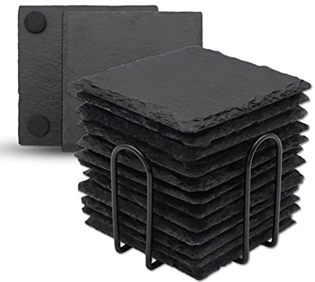 Getränkeuntersetzer mit Halter, VIBRATITE 10,2 cm schwarzer Schieferstein mit kratzfester Unterseite für Bar, Küche, Heimdekoration, quadratisch, 12 Stück