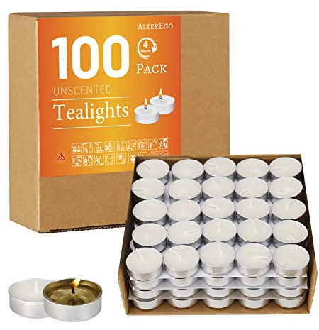 AlterEgo Unscented Tea Lights - 100 Pack Tealight Candles - 4+ Hour Burn Time - Clean-Burning White Palm Votive Smokeless Tealights Candles for Home, Shabbat & Anniversaries (100Pack)