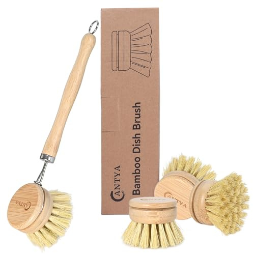 Bamboo Dish Brush with Handle - Soft Bristle, Non Toxic Dish Scrubber Compostable & Sustainable Bamboo Scrub Brush for Dishes, Pots and Pans