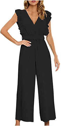 Women Jumpsuit Sexy V Neck Romper Ruffle Sleeve Playsuit Solid Color Trousers Pants Belted Waist Jumpsuits Dungarees One Piece Bodysuit Ladies Office Elegant Overall for Work Party Club Wedding