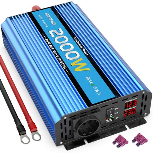 Wechselrichter 2000W Reiner Sinus Spannungswandler 12V auf 230V Power Inverter DC Umwandler mit AC-Steckdosen USB-Anschlüsse und Bildschirm LED für Wohnmobil Kfz Konverter(Spitzenleistung 4000 Watt)