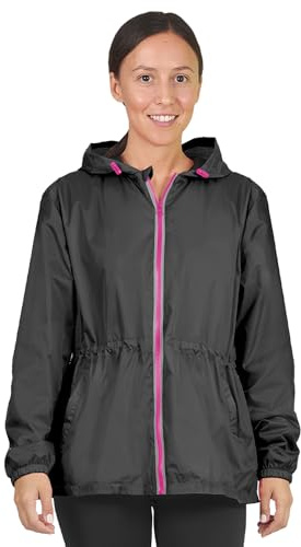PERLETTI Giacca Impermeabile Donna Antivento Leggera - Giacca a Vento Pioggia Sportivo con Cappuccio e Dettagli Catarifrangenti - Trench Impermeabile Ragazza Antipioggia Corsa Outdoor (S, Nero)