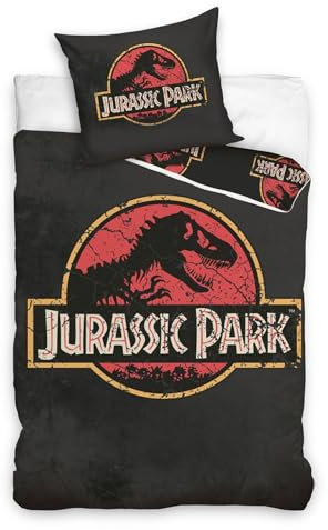 Carbotex Jurassic World Classic Logo T-Rex Dinosaurier Einzelbettbezug-Set mit Kissenbezug in europäischer Größe – Bettwäsche aus 100% Baumwolle, wendbare Bettwäsche für Kinder, Schwarz