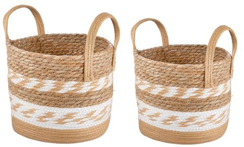 GLDE Aufbewahrungskorb Deko Korb mit Griff - 2er Set Körbe Aufbewahrungskörbe - Naturfarben Weiß - Bad Schlafzimmer Wohnzimmer - Ø 25/30 cm Höhe 32/40 cm