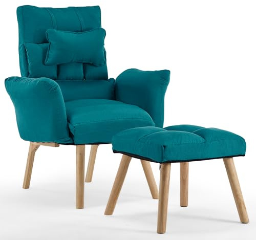 TUKAILAi Sillón de Relax con Reposapiés, Sillón Reclinable con Respaldo Ajustable 360°, de Televisión Terciopelo Marco de Madera Sillon Lectura Dormitorio Comodos 70 * 85 * 100CM (Azul)