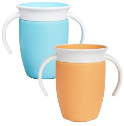 Munchkin Tasses Miracle 360 Bébé | Gobelet à Flux Libre pour Tout-Petits | Tasse d'Apprentissage | Sans BPA | Sans Déversement | Bouteille d'Eau | 207 ml |6m+ | Pack de 2 | Bleu/Orange