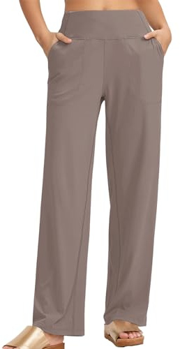 Timuspo Yogabyxor, hög midja, joggingbyxor, sportbyxor med 2 fickor, byxor, raka breda ben, bekväma fritidsbyxor, breda elastiska midjeband, sweatbyxor, träningsbyxor, Ljusbrun, S