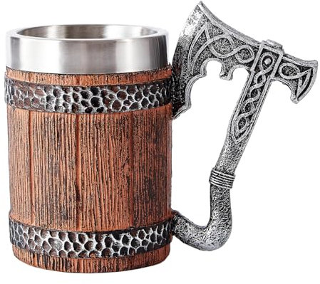 OTARTU Tasse à bière Viking en imitation bois et poignée en fer, 500 ml, tasse de style taverne pour boissons chaudes ou froides, chope de bière en acier inoxydable pour homme et cadeau de fête des