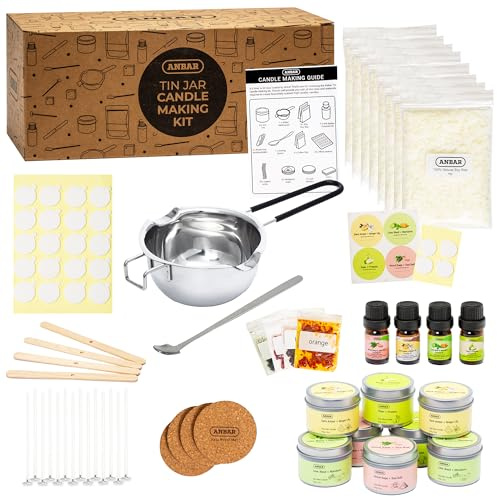 Anbar Complete DIY Candle Making Kit for Adults - 8 Aluminium Tins, Natural Soy Wax, Cotton Wicks, Essential Oils, Labels, and Essential Accessories for Scented Candles, Fun Hobby Crafting Set