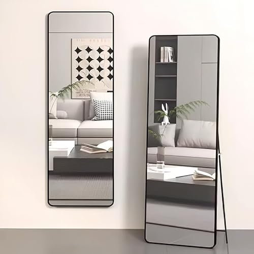 devesanter Rechteckiger Ganzkörperspiegel 49×159 cm mit Schwarz Metallrahmen Standspiegel Groß Wandspiegel für Wohn-, Schlaf- und Ankleidezimmer Spiegel, Schwarz