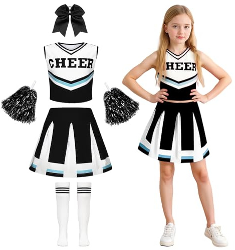 yecwkaz Cheerleader Costume Bambina, Vestito da Cheerleader per Ragazze Cheerleading Uniforme con pompon,calze per Halloween Carnevale Evento Sportivo,Black 130cm