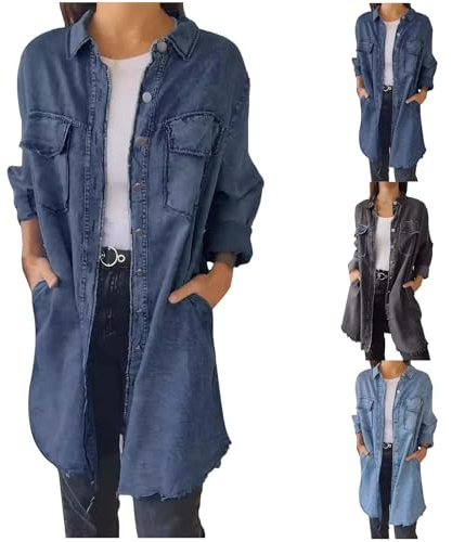 Generisch Chemise en jean pour femme, oversize, longue, en jean, gris, chemise en jean à manches longues, veste légère pour l'été, chemise en jean vintage, veste en jean à manches longues, chemise à