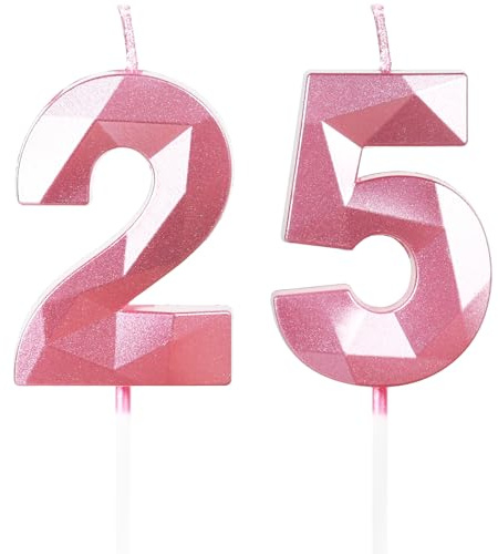 Yiran Pink 25th Birthday Candles, Number 25 Happy Birthday Candles, Pink Cake Topper Decorations for Birthday Party, Wedding Anniversary Celebration Supply for Girls Women