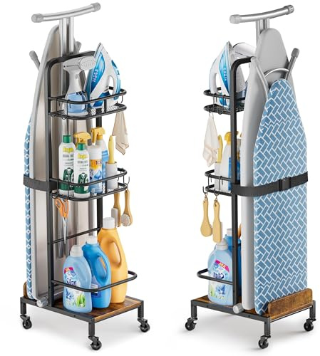 VINCOURNA Accroche Table À Repasser, Support Table À Repasser, Support Planche À Repasser avec 3 Étagères Et Chariot De Rangement pour Accessoires De Buanderie, Porte Table A Repasser Pliable