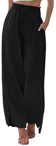 KISSMODA Women Wide Leg Palazzo Pants Summer Flowy Casual Trousers Loose Lounge Beach Travel Vacation Clothes Black 2XL