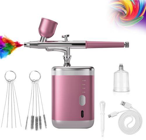 AURIVEE Kit de Aerógrafo Sin Cable Rosa - Pistola de Pintura Portátil，Aerógrafo eléctrico Recargable con Boquilla 0,3/0,5mm, 3 presiones Ajustables para Nail Art, modelismo, decoración Pasteles