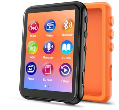 64GB MP3 Player with Bluetooth 5.3, QNGEE 2.4 inch Full Touchscreen Music MP3 for Kids, FM Radio, Voice Recorder, HiFi Sound, E-Book, Earphones Included