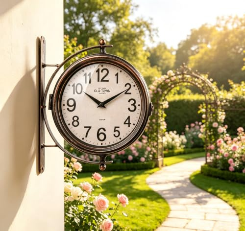 Coslife Vintage Double Sided Wall Mount Clock, Wrought Iron 2 Faces Station Clock, Quiet Analog Wall Clock with Large Numbers for Indoor&Outdoor Garden Wall Art Decoration
