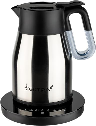 Vektra VEK-1504 Vacuum Insulated Easy Pour Cordless Kettle with Temperature Selection Indicator Gauge, 1.5 Litre, Stainless Steel