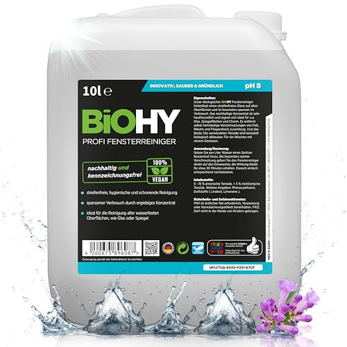 BiOHY Profi Fensterreiniger (10 Liter Kanister) | Glasreiniger Konzentrat | für Fenstersauger geeignet | streifenfreie Reinigung von Glas-, Fenster- & Spiegelflächen | ideal für Haushalt & Auto