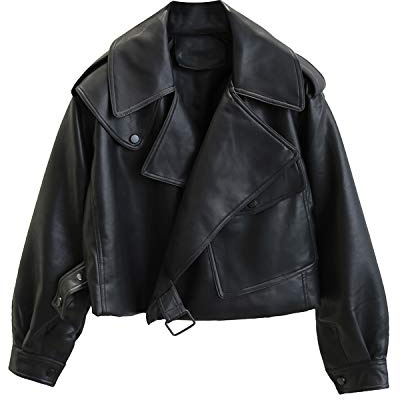 LY VAREY LIN Women Black polyesterJackets Casual Short Oversized Coat Asymmetrical Motor Biker Jacket (Black, L)