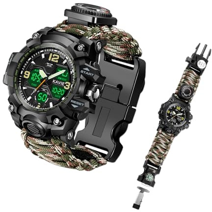 Kavie Men's Military Survival Compass Watch, 23-in-1 Tactical Multi-Functional Outdoors Sports Watches Dual Display Analog LED Electronic Wristwatches with Paracord Band