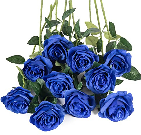Flojery 10pcs Royal Blue Silk Roses Artificial Rose Flowers Long Stem for DIY Wedding Bouquet Table Centerpiece Home Decor (Royal Blue)
