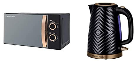 Russell Hobbs RHM1727RG 17 Litre 700 W Rose Gold Solo Microwave with 5 Power Levels, 30 Minute Timer & 26380 Groove Electric Kettle, Textured Fast Boil Energy Efficient Cordless Kettle