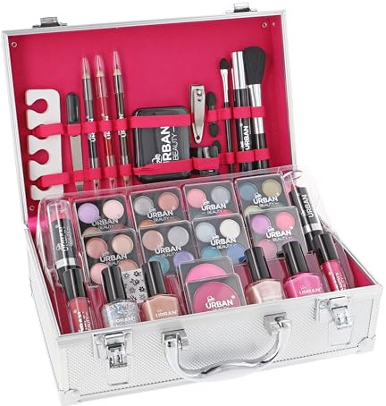 LOVE URBAN BEAUTY Dazzling Makeup Case – 60-Piece Vegan Makeup Set for Teenagers – Elegant Silver Box – Compact and Lightweight Design – Travel-Friendly Women’s Makeup Set