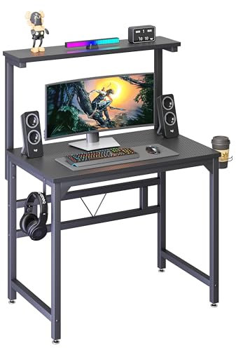 TREETALK Gaming Desk,80CM Industrial Writing Desk with Height Adjustable Monitor Stand to 5 Position(84.5-120cm), PC Laptop Workstation with Cupholder and Headphone Hook for Home Office Black