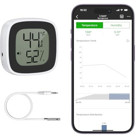 Brifit Thermometre Frigo Bluetooth, Thermometre Réfrigérateur avec Sonde, Thermomètre Hygromètre Bluetooth, Thermomètre Numérique pour Congélateur avec APP, Stockage de Données pour Maison, Aquarium