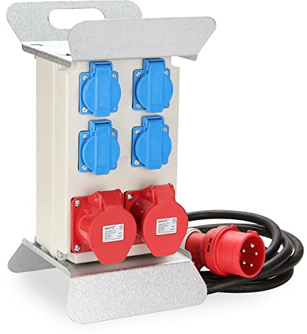 Joparri Distribuidor de pared 2 unidades CEE 400 V/16 A, 5 polos, 4 x 230 V (Schuko), 2 agujeros, distribuidor de energía para construcción, IP44 impermeable, con enchufe Schuko, distribuidor de
