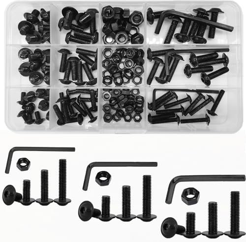 Set di dadi e bulloni in acciaio inox M4 M5 M6, nero, con testa a bottone flangiata, tappo con colletto, set di viti per macchina con attacco esagonale (147 pezzi)