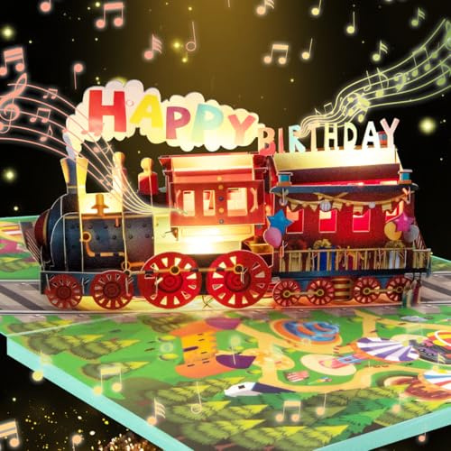 CNLITIHEKA Cartes d'anniversaire train musical, carte d'anniversaire pop-up avec lumières 3D et musique, carte joyeux anniversaire, cadeau d'anniversaire train amusant, pour fils fille garçons filles